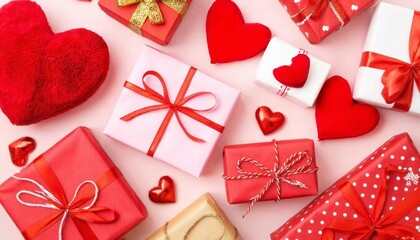 Valentine Hearts and Gift Boxes Flat Lay. A romantic flat lay of red and pink heart shaped decorations and wrapped gift boxes with ribbons, creating a festive Valentines Day theme and symbolizing love