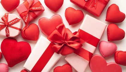 Valentine Hearts and Gift Boxes Flat Lay. A romantic flat lay of red and pink heart shaped decorations and wrapped gift boxes with ribbons, creating a festive Valentines Day theme and symbolizing love