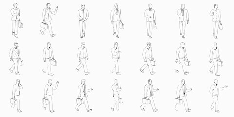 A collection of minimalist line drawings depicting men walking in business attire