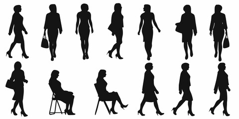Silhouettes of women in various poses and fashionable attire walking and seated