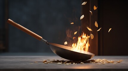 Flaming cooking action kitchen food photography culinary environment close-up view exciting concept