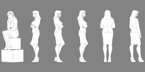 Stylized illustration of women in formal attire showcasing different poses and perspectives