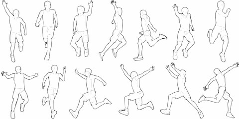 Line art depicting human figures in various running and jumping poses