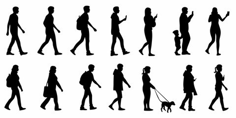 Silhouettes of people walking various poses and activities are showcased