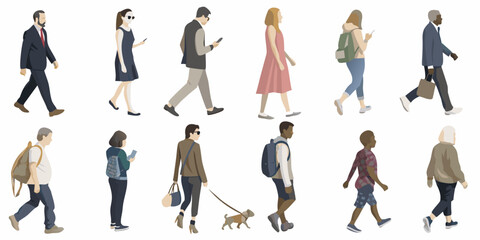 Diverse group of people walking illustrated in a minimalist and modern style
