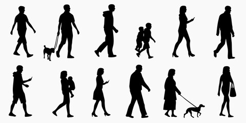 A collection of black silhouette figures depicting various human poses and activities