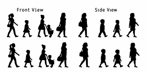 Silhouettes of people walking in various poses front and side views displayed