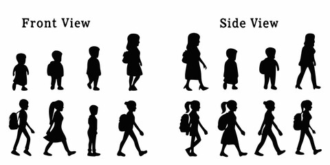 Silhouettes displaying different walking poses from front and side perspectives