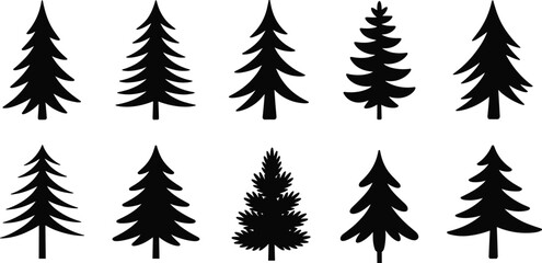 Naklejka premium Pine tree silhouette set, conifer shapes collection, forest icon pack, evergreen tree design, nature graphic, botanical vector, woodland elements