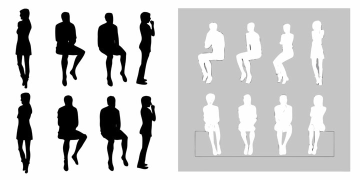 Silhouettes of people in various poses both black and white displayed in rows