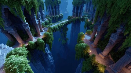 Enchanting Fantasy Landscape with Lush Foliage and Ancient Architecture