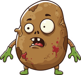 Zombie potato cartoon character, funny vegetable monster vector illustration, quirky food mascot design, creepy Halloween art, humorous horror concept, spooky parody