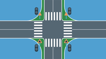 Top down view of a four way intersection with traffic signals and pedestrian crossing illustration