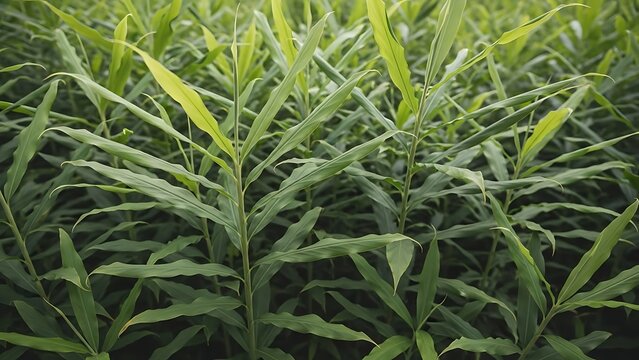 Close-up shot of a lush green ginger plant field with long, vibrant leaves reaching towards the sky