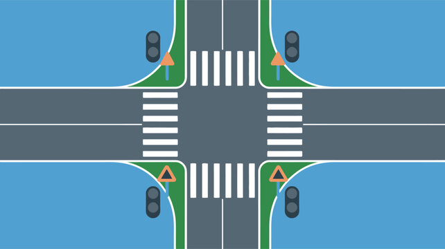 Top down view of a four way intersection with traffic signals and pedestrian crossing illustration