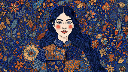 Decorative Female Portrait Illustration with Floral Pattern Background