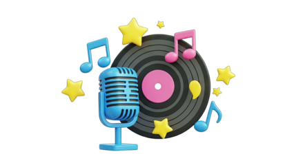 3D Microphone, Vinyl Record, and Music Notes Composition