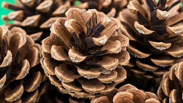 Close-up of Pine Cones with Texture and Natural Brown Color on Green Background