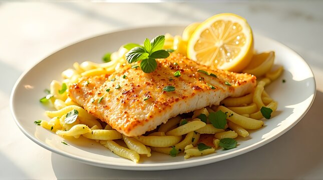 Close-up of golden chicane fries garnished with bright lemon slices and a dash of paprika, emphasizing their crispy texture and refreshing citrus touch.