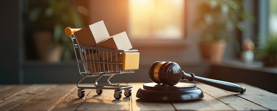 Shopping cart full of boxes sits next to judge gavel on wooden table. Concept of online shopping law and consumer rights. E commerce justice symbol.