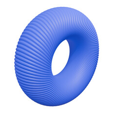 A blue, ridged torus floats, brightly lit, against a white background, showcasing a clean, 3D rendered, geometric form with a smooth, plastic texture.
