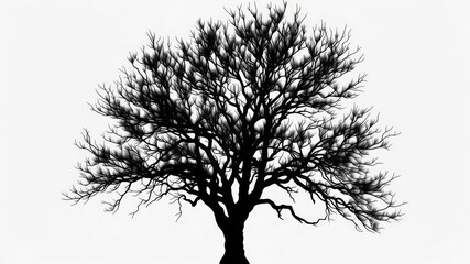 Obraz premium A striking silhouette of a bare deciduous tree with intricate branches against a stark white background