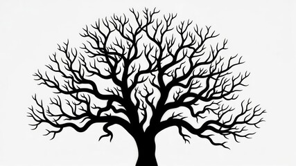 Obraz premium A striking silhouette of a bare deciduous tree with intricate branches against a stark white background