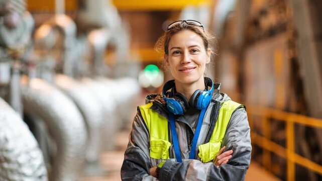 Empowered Engineering: A skilled female engineer stands confidently amidst industrial machinery, a beacon of expertise and determination in her field.