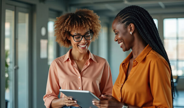 Two smiling business women look at tablet screen. Colleagues collaborate on project discussing data in office hallway. Professionals share ideas using tech gadget for startup growth. - Powered by Adobe