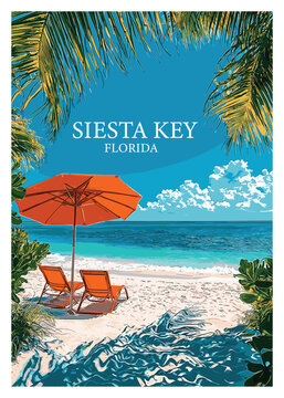 Vibrant vector illustration of Siesta Key, Florida beach with orange umbrella and beach chairs, ideal for vacation and travel-themed designs.