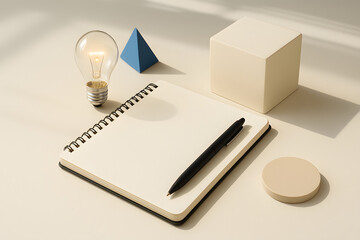 A lit light bulb, geometric shapes, and a notebook with a pen on a desk, symbolizing ideas, creativity, and planning.