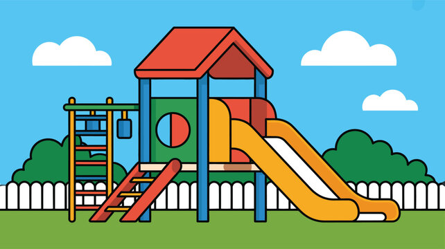 A vibrant cartoon illustration of a children's playground featuring a colorful play structure with slides, monkey bars, and a small house, set on green grass under a blue sky.