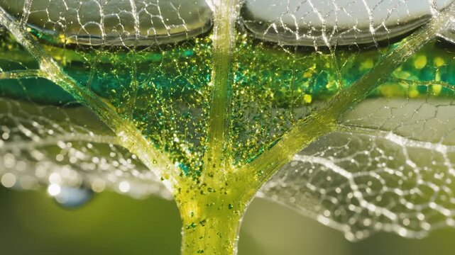 Water Drops Forming on Transparent Leaf Skeleton in Close-Up