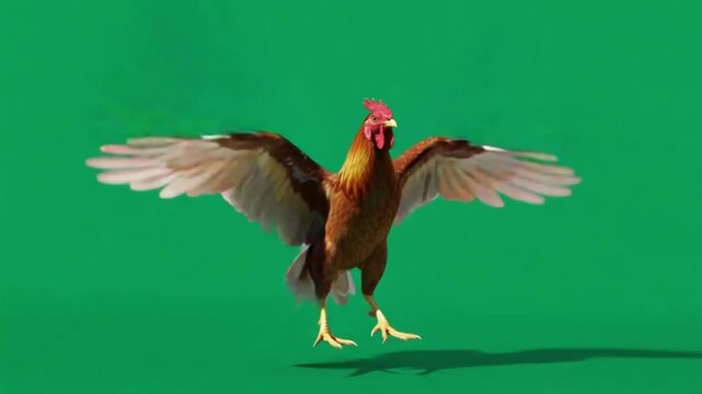 Brown rooster with white wings flapping on a green screen background in a studio setting chicken green screen video