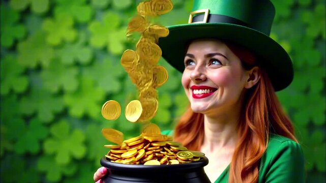 Enchanted leprechaun woman catching gold coins shower in lush greenery