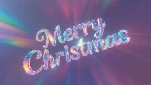 Sparkling Merry Christmas greeting with iridescent holographic text and abstract light rays