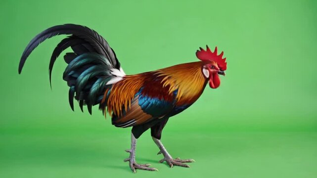 A colorful rooster standing tall against a vibrant green background in a studio setting chicken green screen video