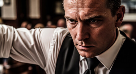 Obraz premium Man In Waiter Uniform, Intense Expression, Gritty Service Industry Pressure Concept, Generative AI