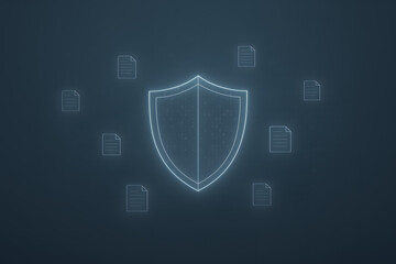 Digital security concept with glowing shield protecting multiple document icons on a dark background.