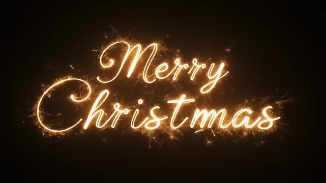 Vibrant and festive digital inscription of 'Merry Christmas' shimmering with golden sparks against a dark, elegant background, ideal for holiday greetings and seasonal well wishes