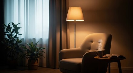Cozy corner with lamplight and plants