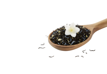 A wooden spoon holds fragrant tea leaves mixed with cornflowers and a jasmine flower, all set against a white background.

