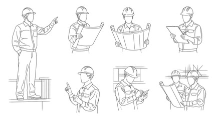 Line drawings of seven construction workers and engineers in helmets performing professional tasks such as pointing, reading blueprints, writing on clipboard, and discussing plans, minimal contour ill