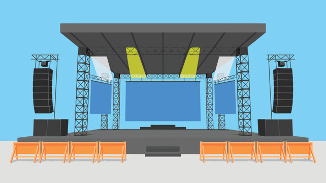 A detailed illustration of an outdoor concert stage with sound and lighting equipment illustration