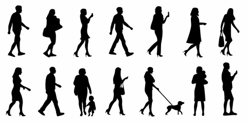 Silhouettes of people walking in various poses and activities a collection