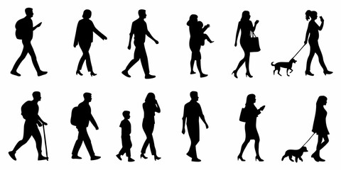 Silhouettes of people walking and interacting in an urban environment