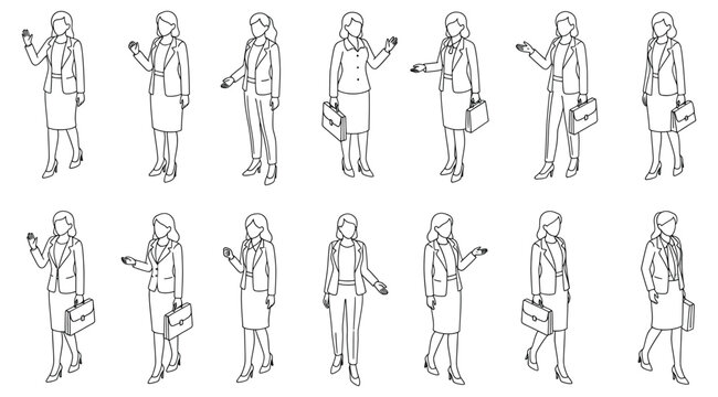 Series of fifteen line‑art drawings of businesswoman in skirt and blazer holding smartphone in varied poses, gesturing, typing, and interacting, minimal contour illustration for character design, anim