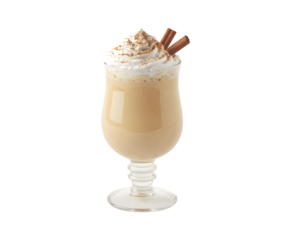 A glass of eggnog sprinkled with cinnamon and adorned with whipped cream, set on a white background. Toning.