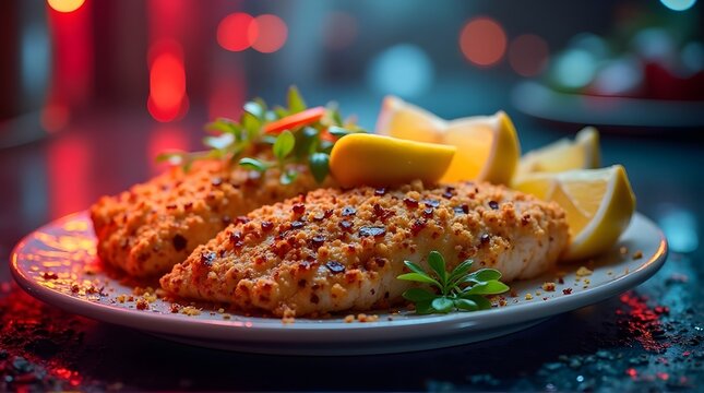 Close-up of golden chicane fries garnished with bright lemon slices and a dash of paprika, emphasizing their crispy texture and refreshing citrus touch.