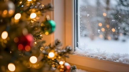 Cozy Christmas Tree Lights by Snowy Window